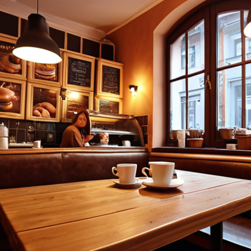 Home 18 **Prompt:** Cozy Polish cafe interior, लोग sitting at tables, drinking coffee, eating *pączki*, warm lighting, inviting atmosphere.